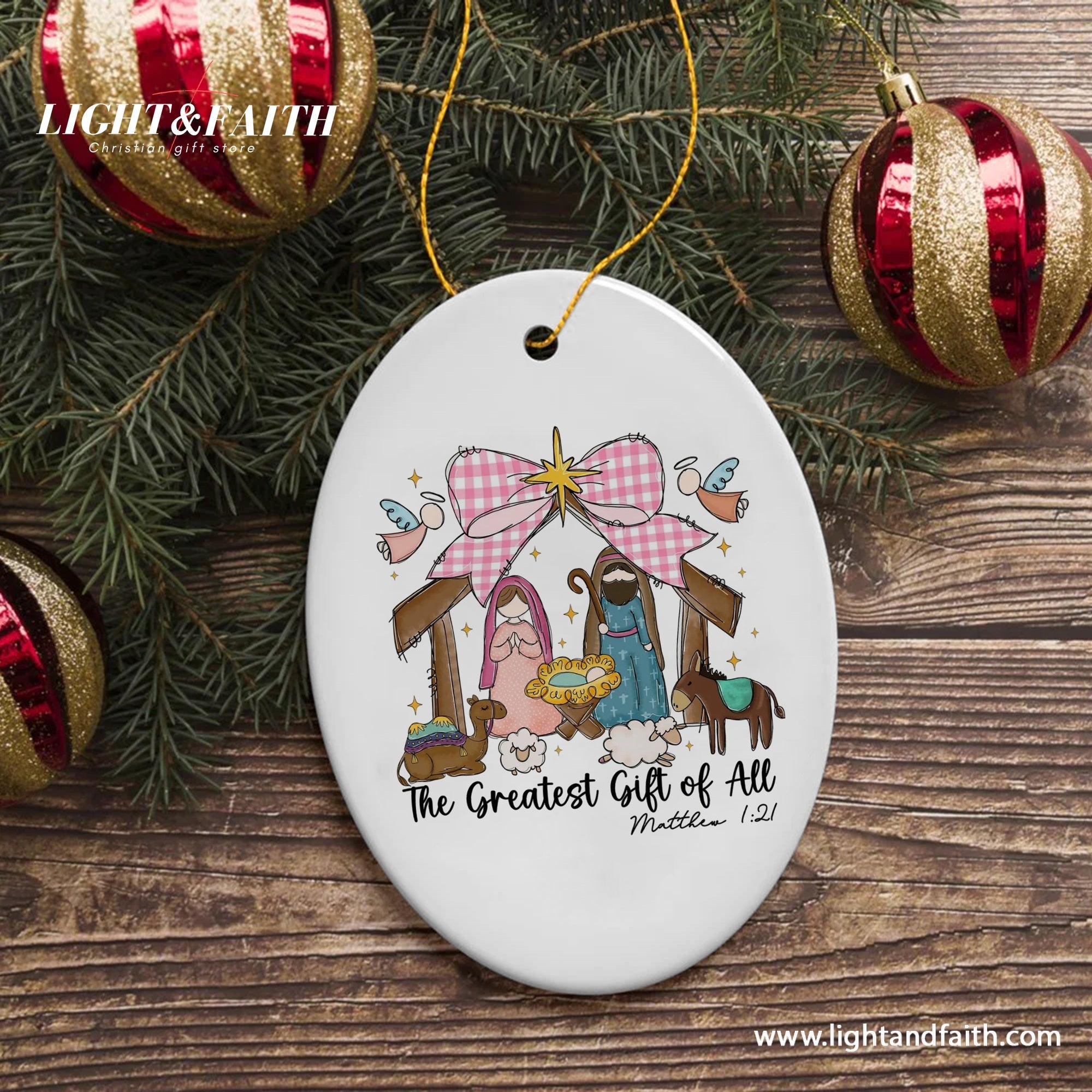 Cute Nativity Scene Christmas Ornament, The Greatest Gift of All Matthew 1:21, Christian Holiday Decoration, Religious Xmas Tree DecorDCLAF48